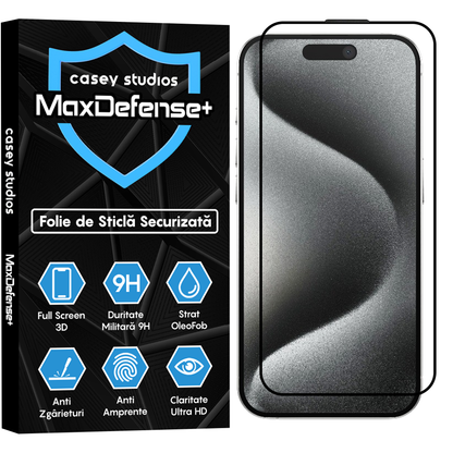 Folie Sticla MaxDefense+ - iPhone 15 Pro - Negru