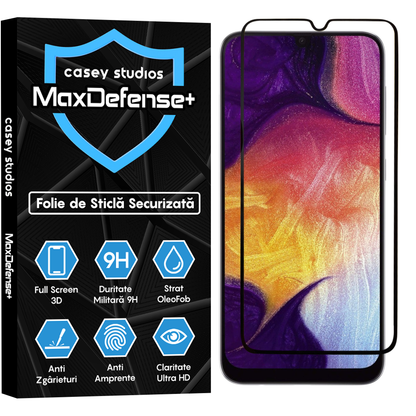 Folie Sticla MaxDefense+ - Samsung Galaxy A50/A50s/A20/A30/A30s/M21/M30/M30s/M31 - Negru