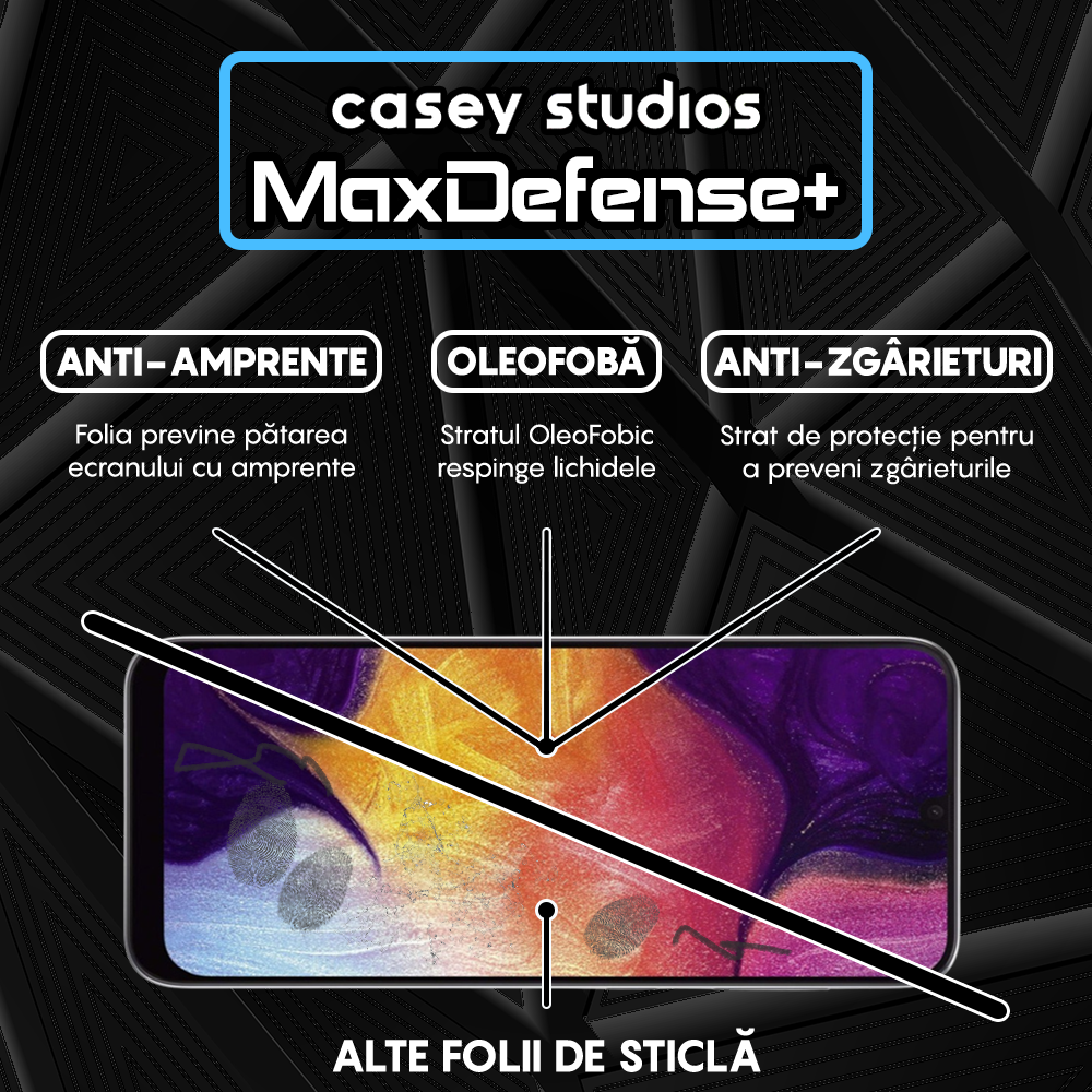 Folie Sticla MaxDefense+ - Samsung Galaxy A50/A50s/A20/A30/A30s/M21/M30/M30s/M31 - Negru