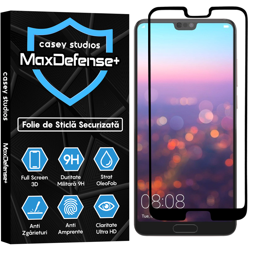 Folie Sticla MaxDefense+ - Huawei P20 - Negru