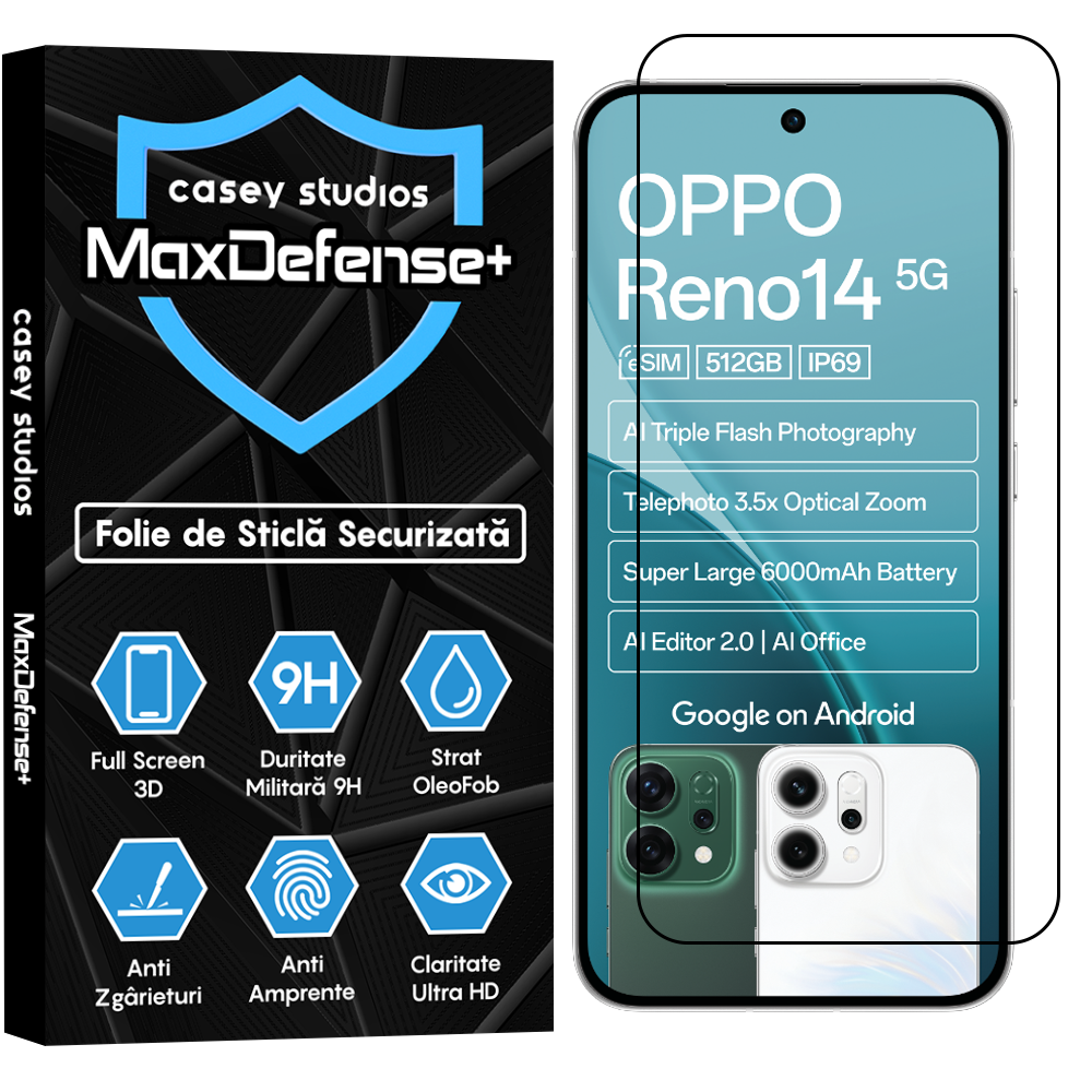 Folie Sticla MaxDefense+ - Oppo Reno14 - Negru