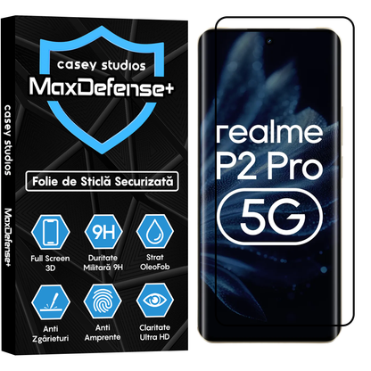 Folie Sticla MaxDefense+ - Realme P2 Pro - Negru