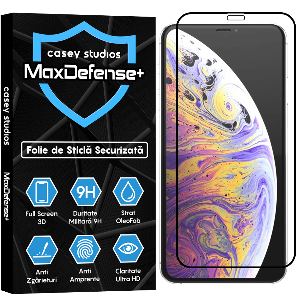 Folie Sticla MaxDefense+ - iPhone XS Max - Negru