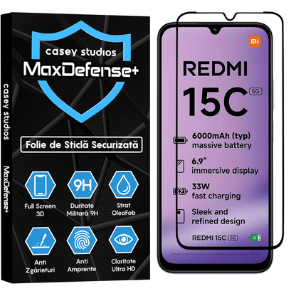 Folie Sticla MaxDefense+ - Xiaomi Redmi 15C 5G - Negru