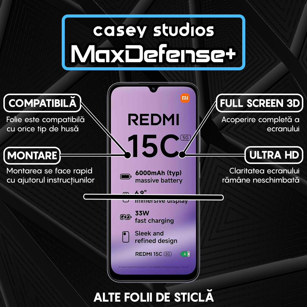 Folie Sticla MaxDefense+ - Xiaomi Redmi 15C 5G - Negru