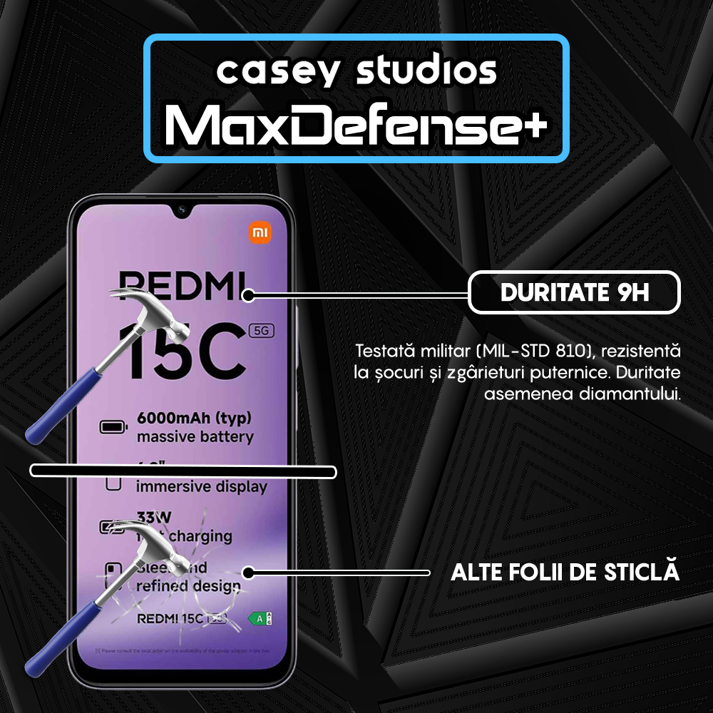 Folie Sticla MaxDefense+ - Xiaomi Redmi 15C 5G - Negru