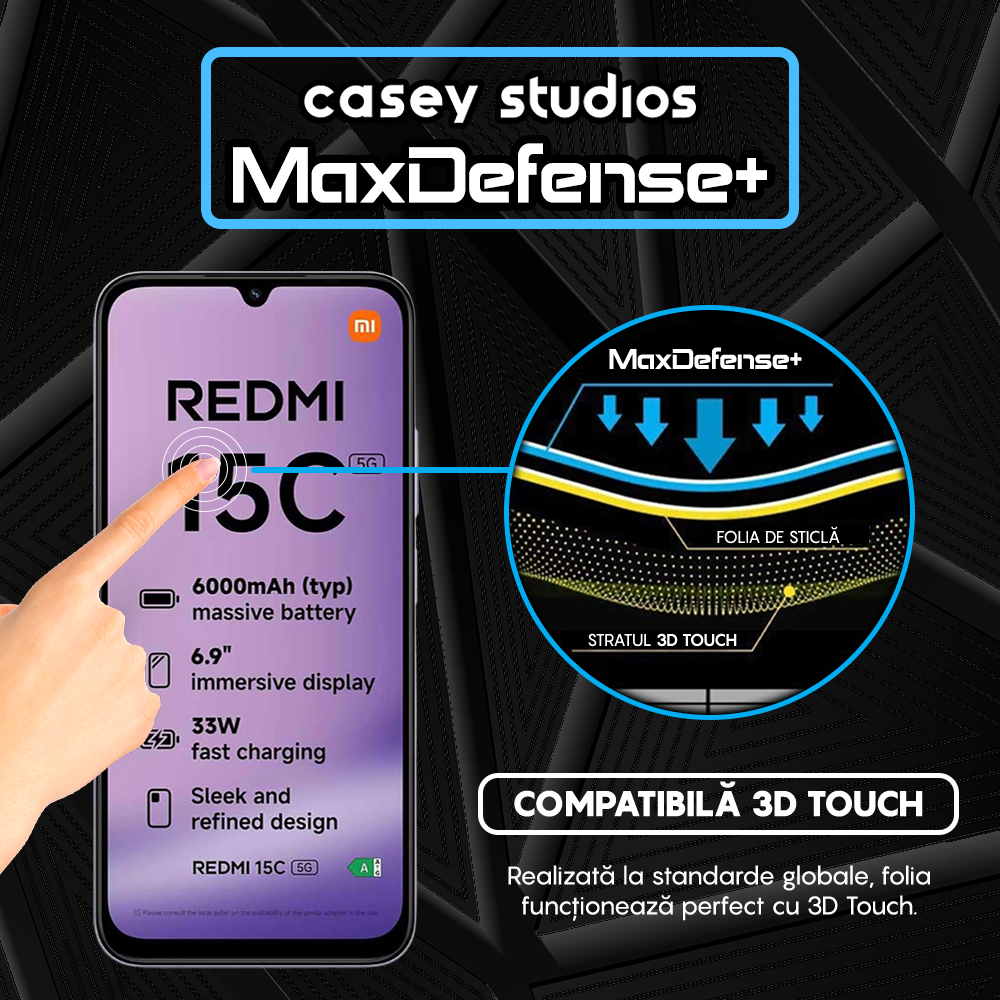 Folie Sticla MaxDefense+ - Xiaomi Redmi 15C 5G - Negru