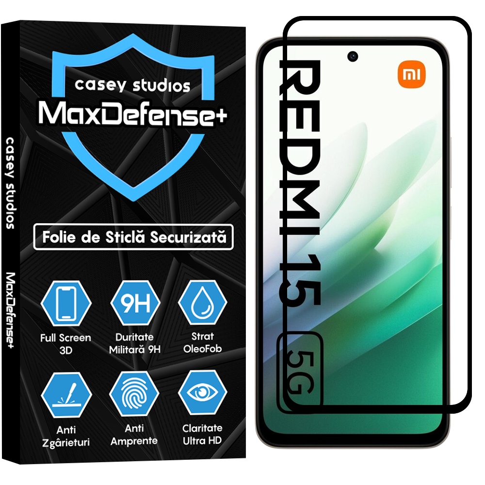 Folie Sticla MaxDefense+ - Xiaomi Redmi 15 5G - Negru