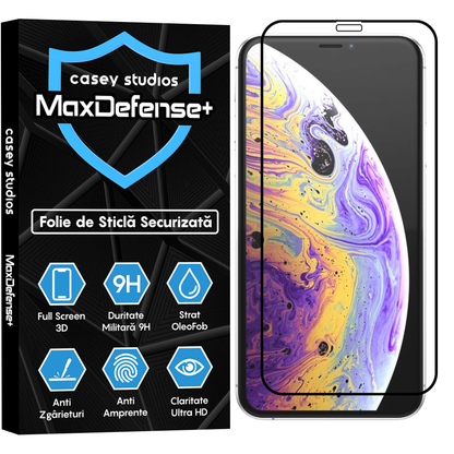 Folie Sticla MaxDefense+ - iPhone X/XS - Negru