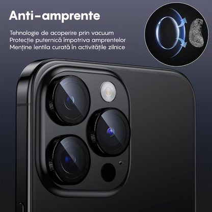 Folie Sticla Lentile Camera MaxDefense+ - iPhone 15 Pro/15 Pro Max - Negru