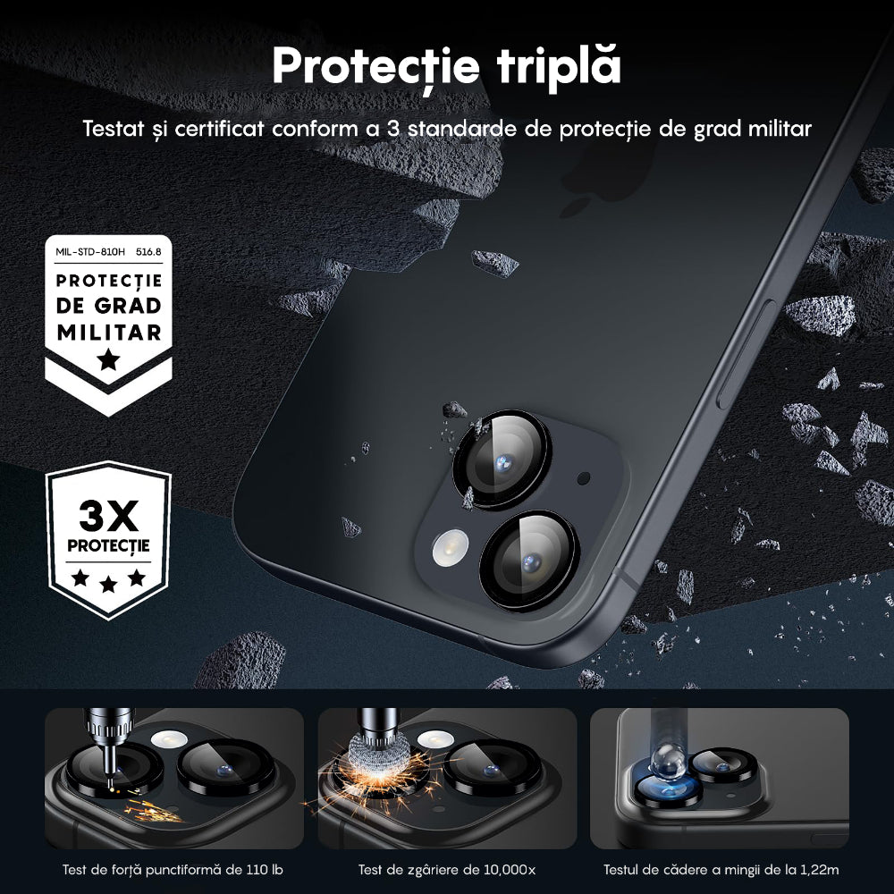 Folie Sticla Lentile Camera MaxDefense+ - iPhone 15 Pro/15 Pro Max - Negru