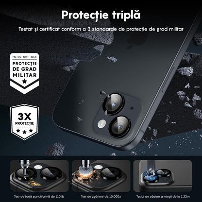 Folie Sticla Lentile Camera MaxDefense+ - iPhone 15 Pro/15 Pro Max - Negru