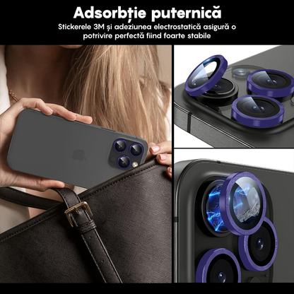 Folie Sticla Lentile Camera MaxDefense+ - iPhone 15 Pro/15 Pro Max - Mov Inchis