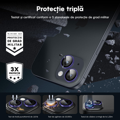 Folie Sticla Lentile Camera MaxDefense+ - iPhone 15 Pro/15 Pro Max - Mov Inchis