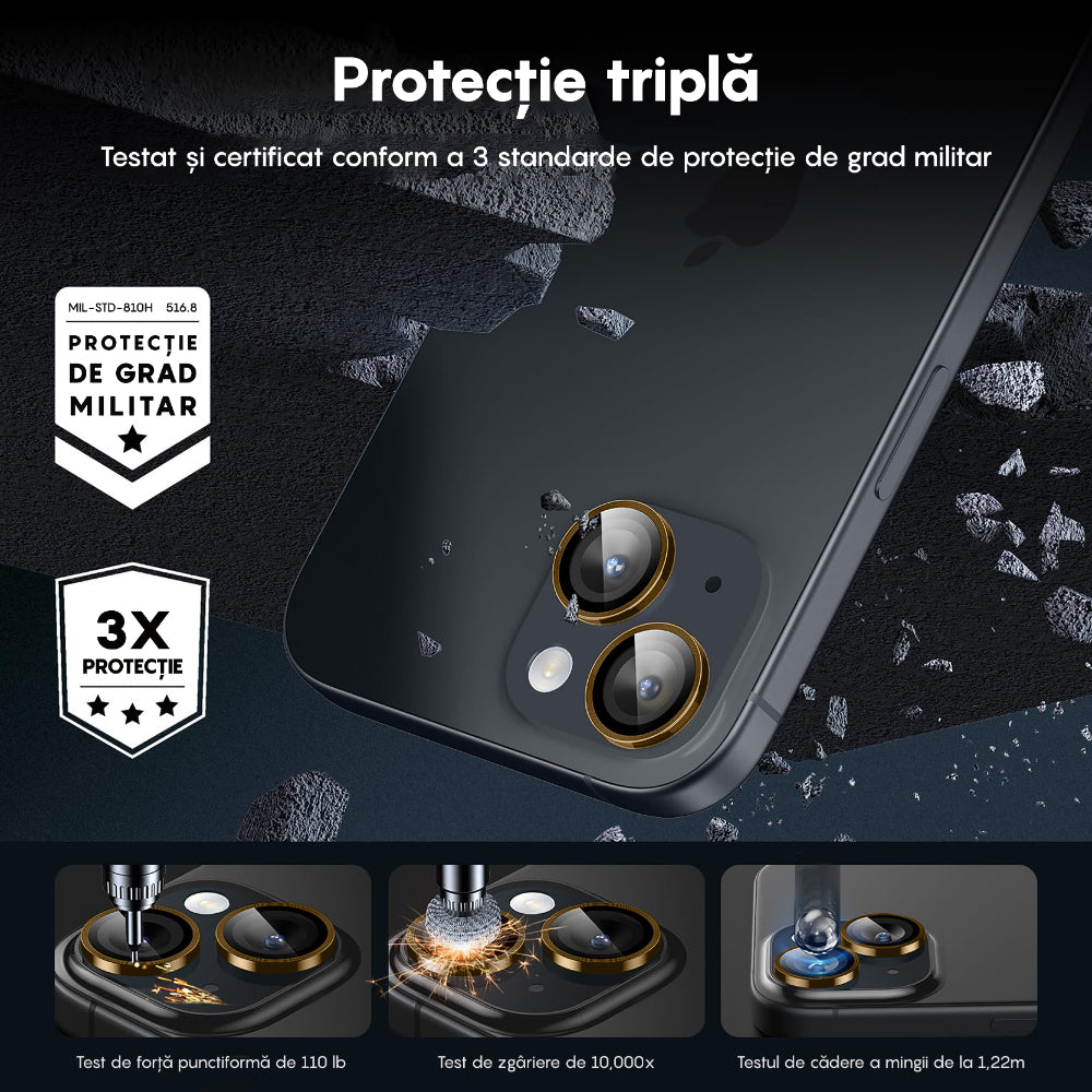 Folie Sticla Lentile Camera MaxDefense+ - iPhone 15 Pro/15 Pro Max - Galben