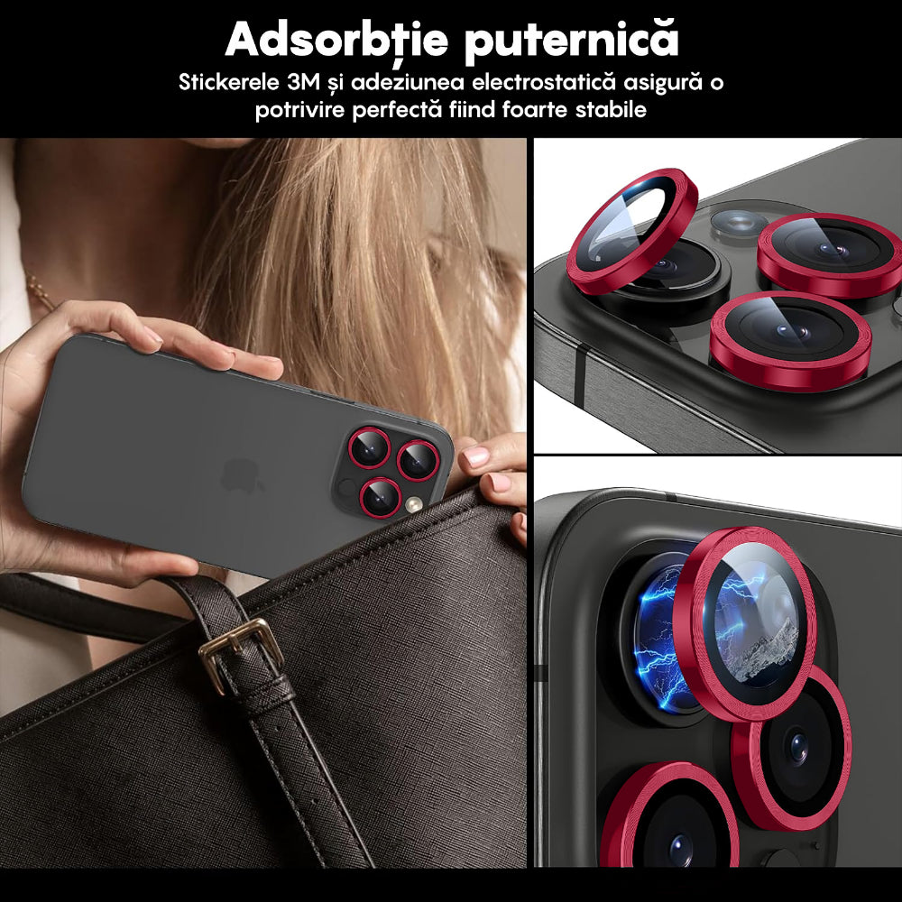 Folie Sticla Lentile Camera MaxDefense+ - iPhone 15 Pro/15 Pro Max - Rosu