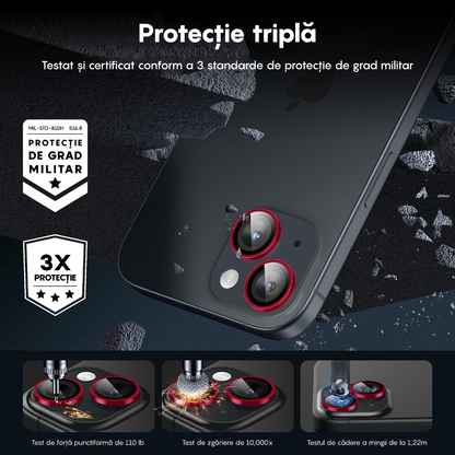 Folie Sticla Lentile Camera MaxDefense+ - iPhone 15 Pro/15 Pro Max - Rosu