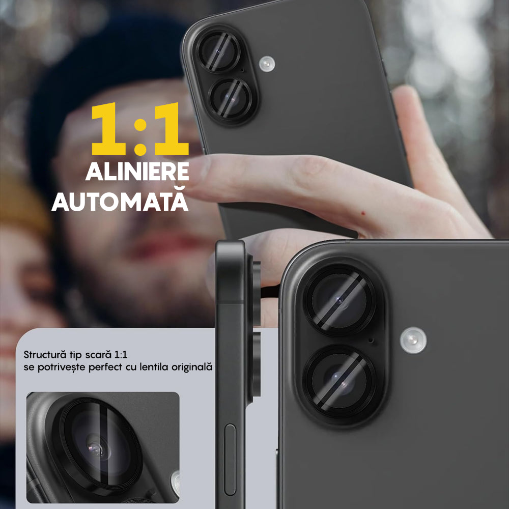 Folie Sticla Lentile Camera MaxDefense+ - iPhone 16/16 Plus - Negru