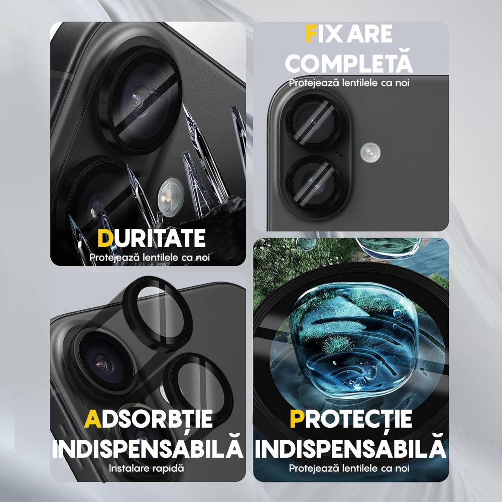 Folie Sticla Lentile Camera MaxDefense+ - iPhone 16/16 Plus - Negru