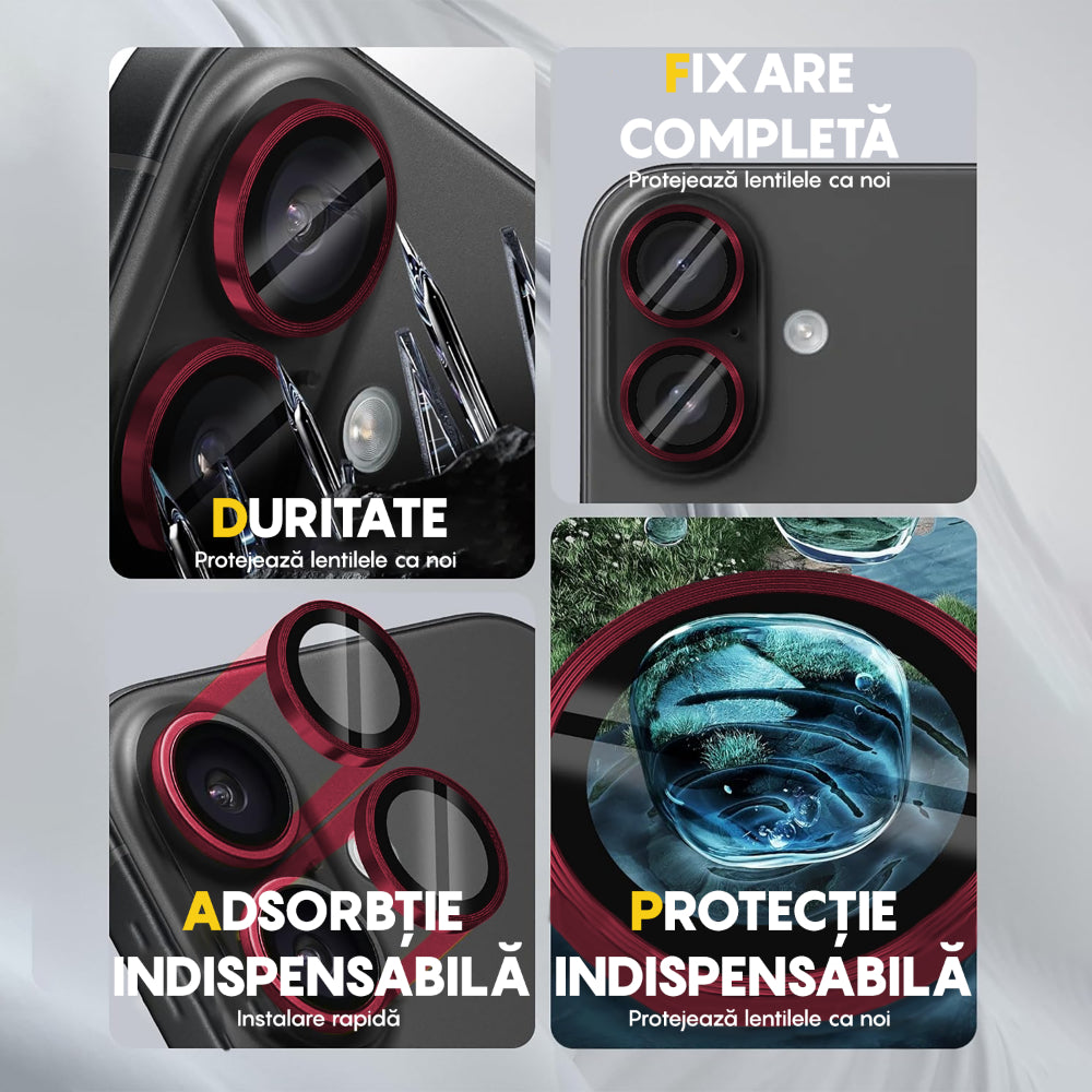 Folie Sticla Lentile Camera MaxDefense+ - iPhone 16/16 Plus - Rosu