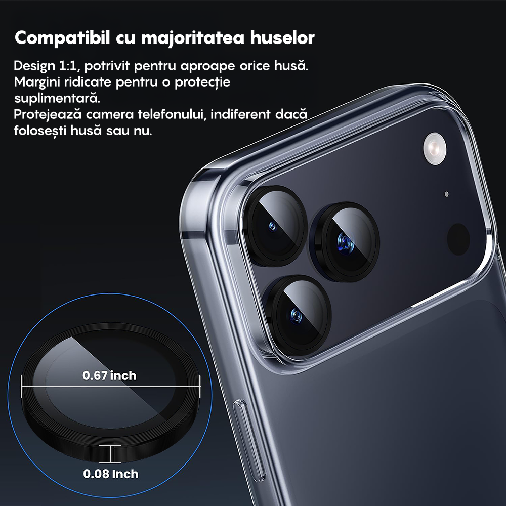 Folie Sticla Lentile Camera MaxDefense+ - iPhone 17 Pro / 17 Pro Max - Negru