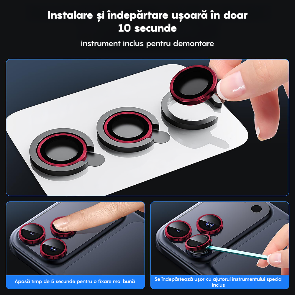 Folie Sticla Lentile Camera MaxDefense+ - iPhone 17 Pro / 17 Pro Max - Rosu