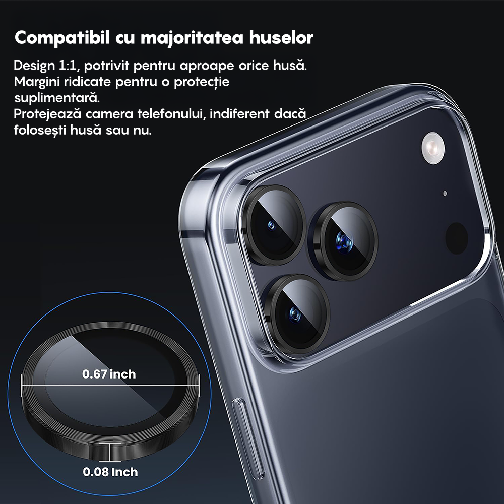 Folie Sticla Lentile Camera MaxDefense+ - iPhone 17 Pro / 17 Pro max - Argintiu