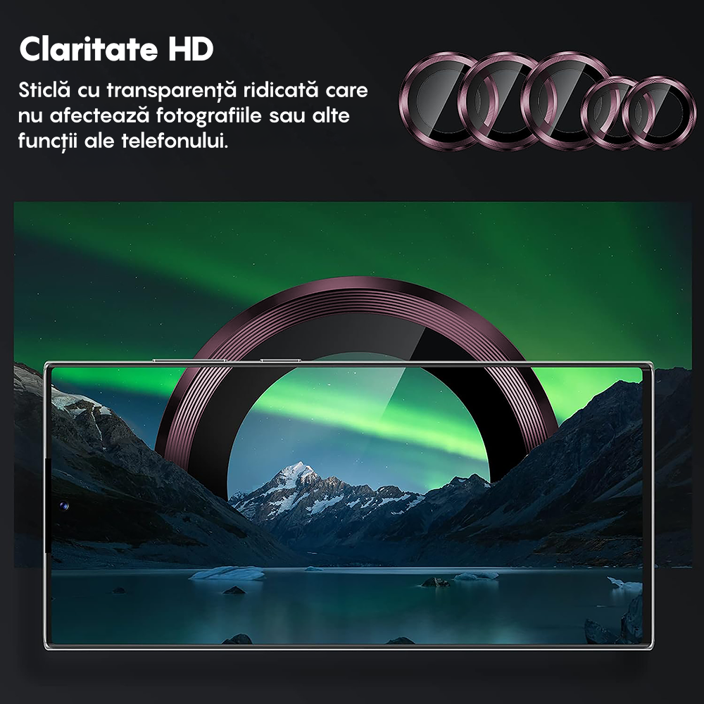 Folie Sticla Lentile Camera MaxDefense+ - Samsung Galaxy S22 Ultra - Roz