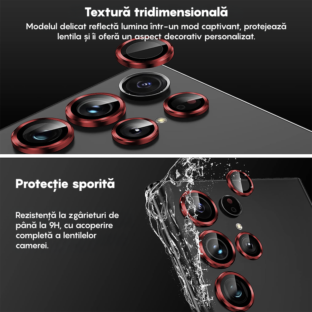Folie Sticla Lentile Camera MaxDefense+ - Samsung Galaxy S22 Ultra - Rosu
