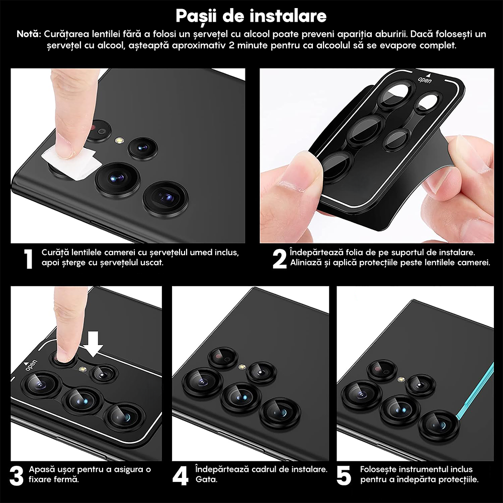 Folie Sticla Lentile Camera MaxDefense+ - Samsung Galaxy S24 Ultra - Negru