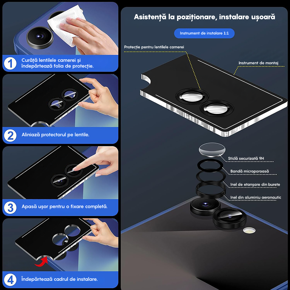 Folie Sticla Lentile Camera MaxDefense+ - Samsung Galaxy Z Flip7 - Negru