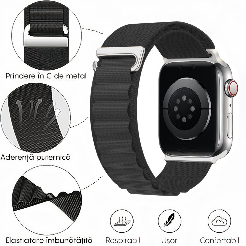 Curea Alpine Summit - Apple Watch 1/2/3/4/5/6/7/8/9/SE/Ultra 1/Ultra 2 - 42/44/45/49 MM - Negru