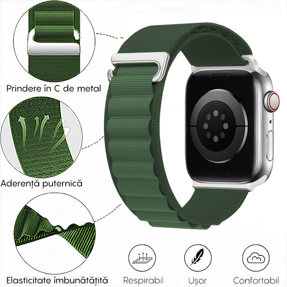 Curea Alpine Summit - Apple Watch 1/2/3/4/5/6/7/8/9/SE/Ultra 1/Ultra 2 - 42/44/45/49 MM - Verde Inchis