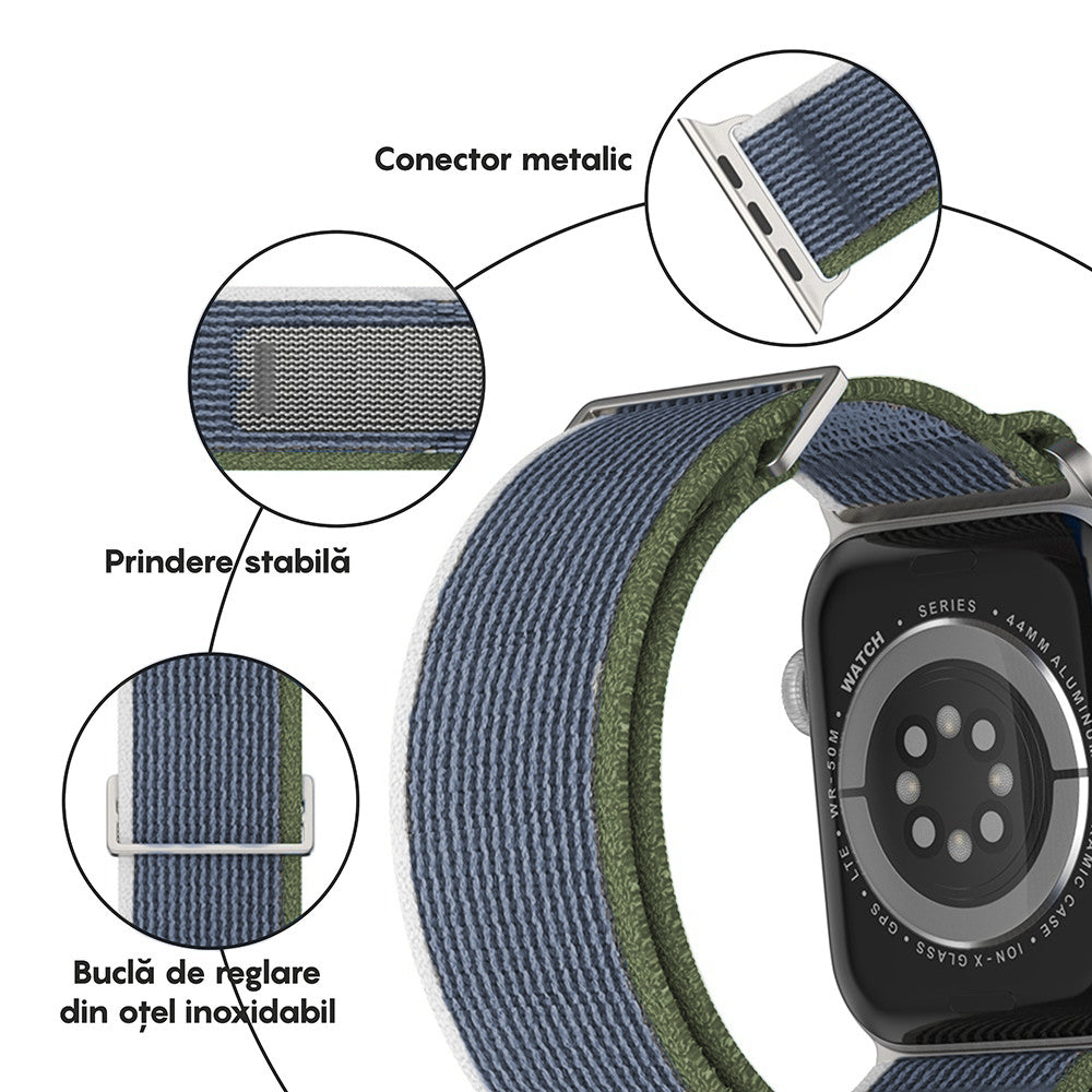 Curea Trail Scout - Apple Watch 1/2/3/4/5/6/7/8/9/SE/Ultra 1/Ultra 2 - 42/44/45/49 MM - Verde Alb