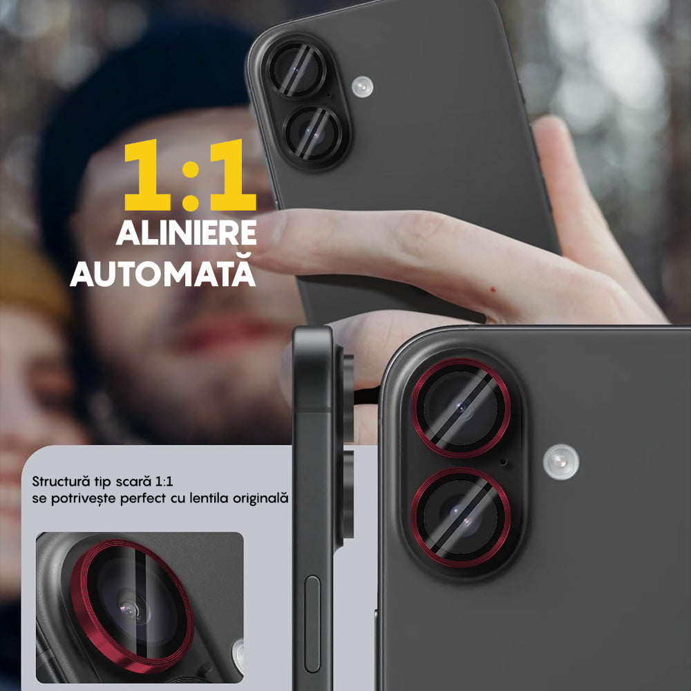 Folie Sticla Lentile Camera MaxDefense+ - iPhone 16/16 Plus - Rosu