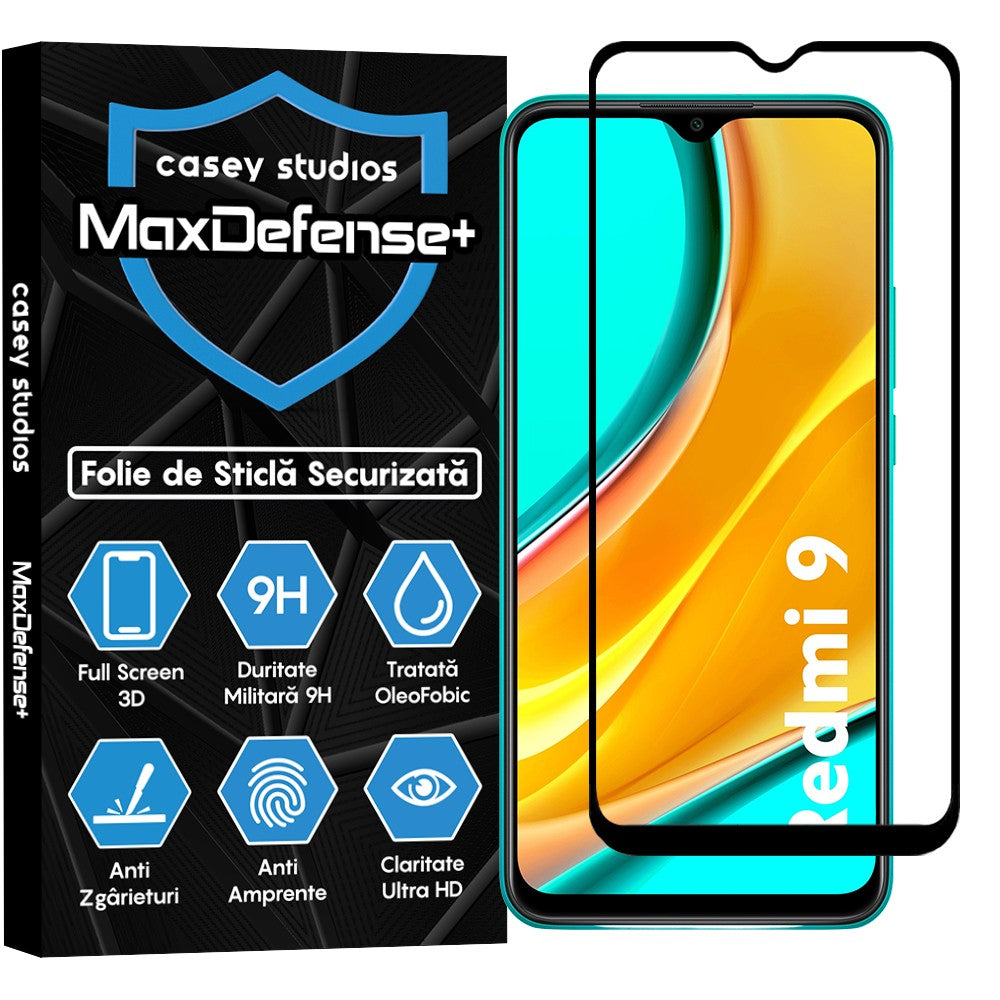 Folie Sticla MaxDefense+ - Xiaomi Redmi 9 - Negru
