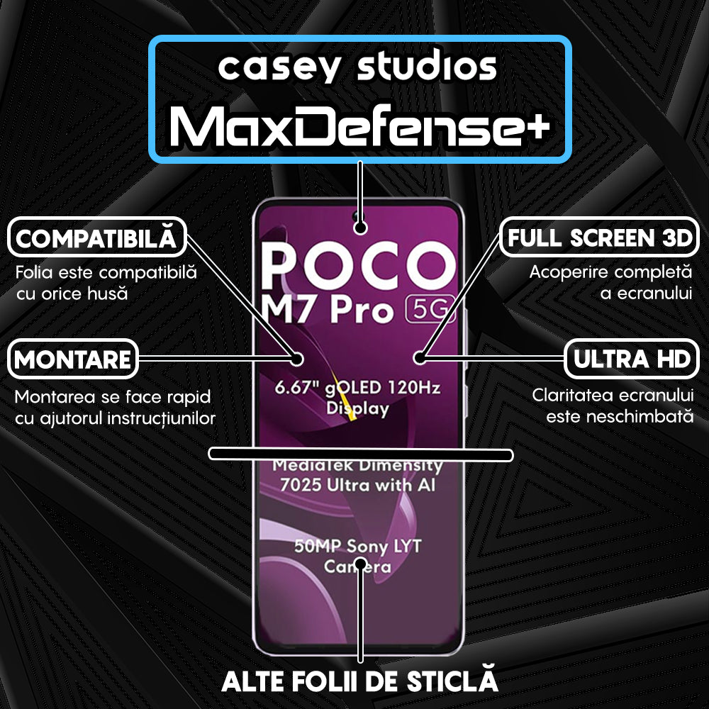 Folie Sticla MaxDefense+ - Xiaomi Poco M7 Pro 5G - Negru