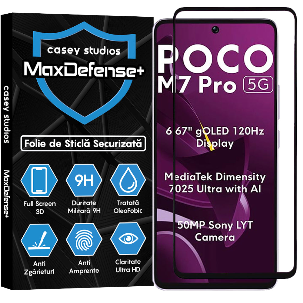 Folie Sticla MaxDefense+ - Xiaomi Poco M7 Pro 5G - Negru