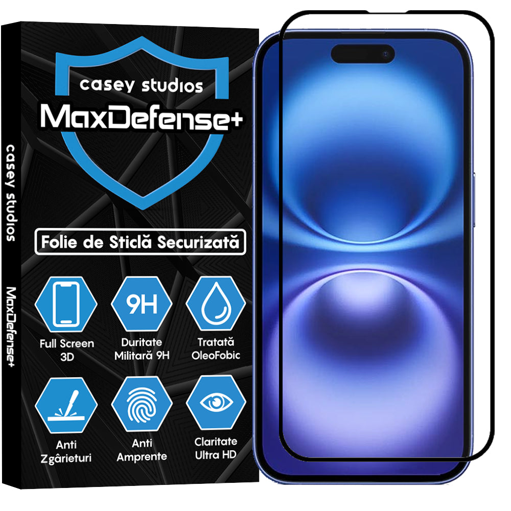 Folie Sticla MaxDefense+ - iPhone 16 - Negru