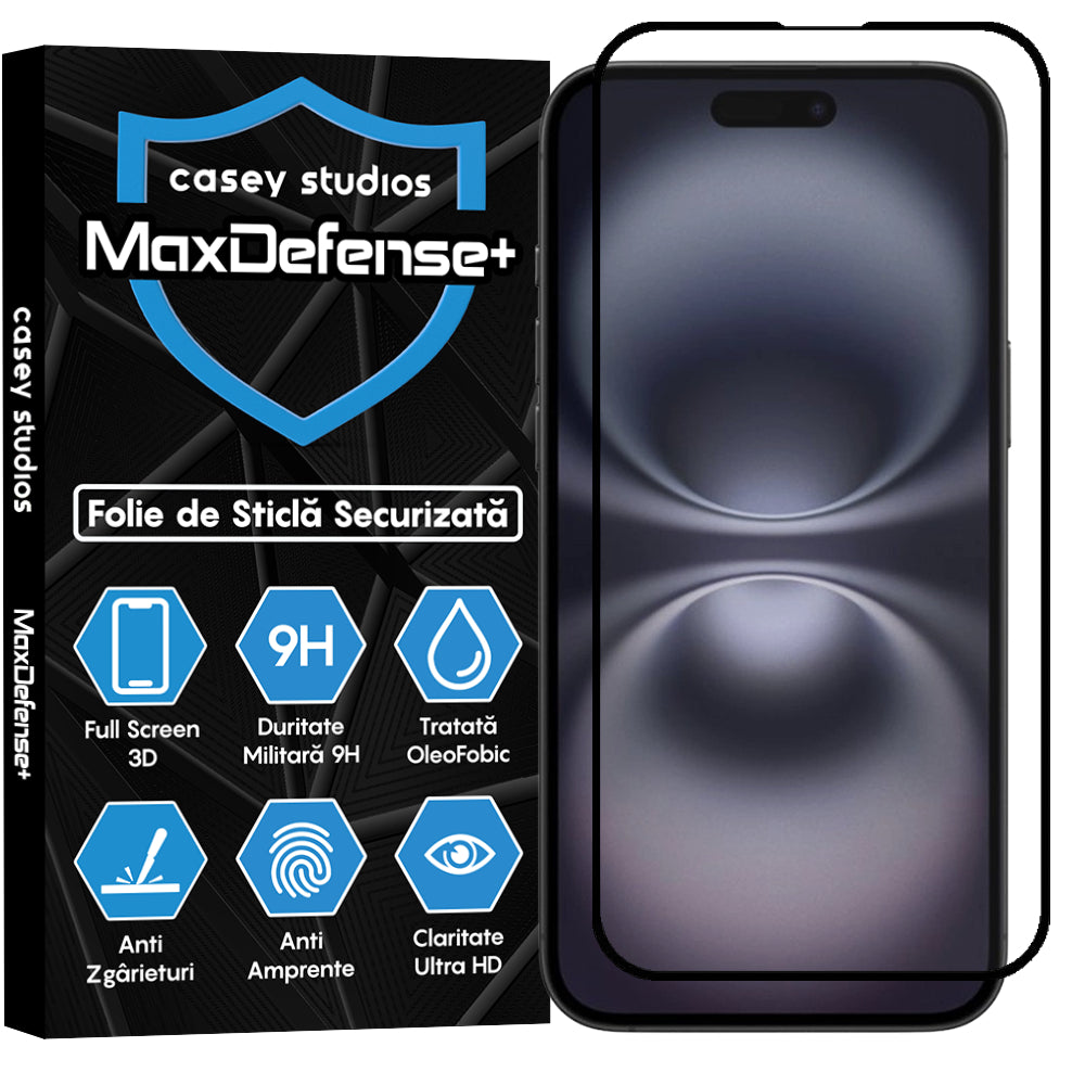 Folie Sticla MaxDefense+ - iPhone 16 Plus - Negru