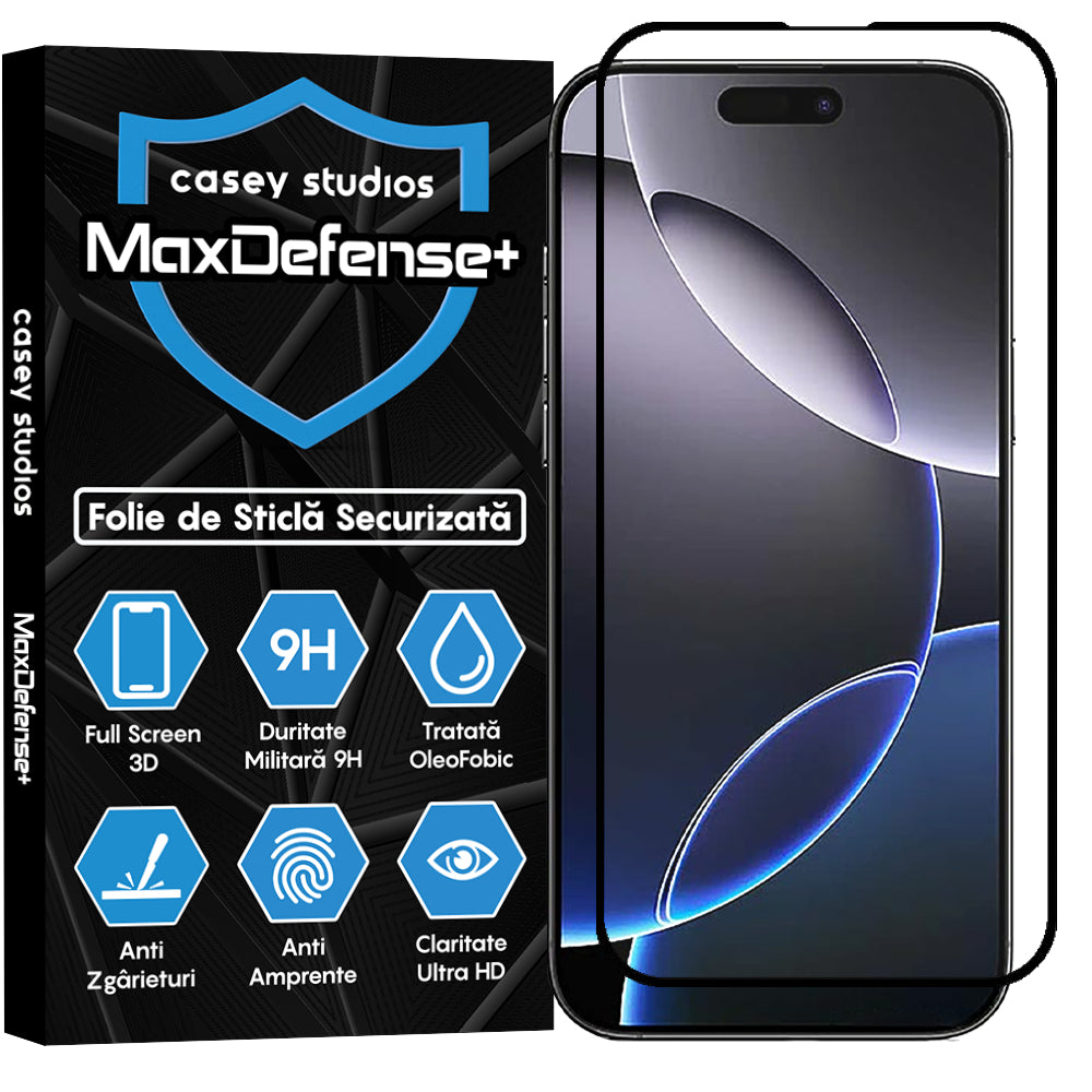 Folie Sticla MaxDefense+ - iPhone 16 Pro Max - Negru