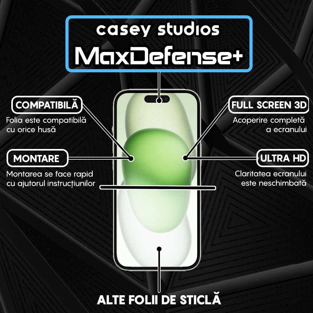 Folie Sticla MaxDefense+ - iPhone 15 - Negru