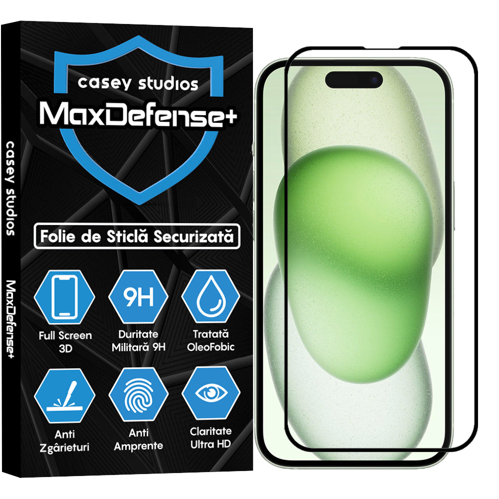 Folie Sticla MaxDefense+ - iPhone 15 - Negru
