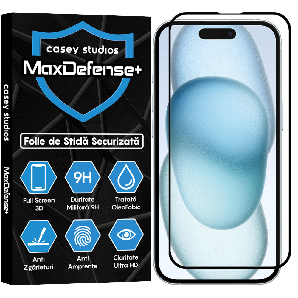 Folie Sticla MaxDefense+ - iPhone 15 Plus - Negru