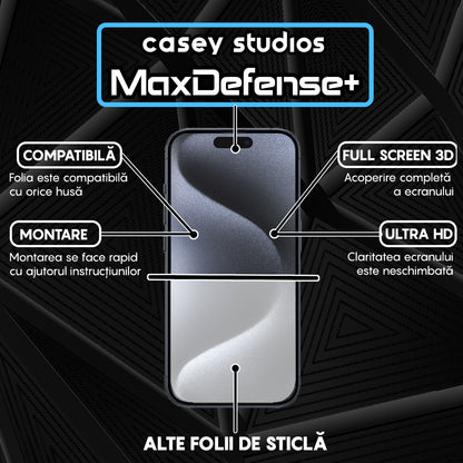 Folie Sticla MaxDefense+ - iPhone 15 Pro - Negru