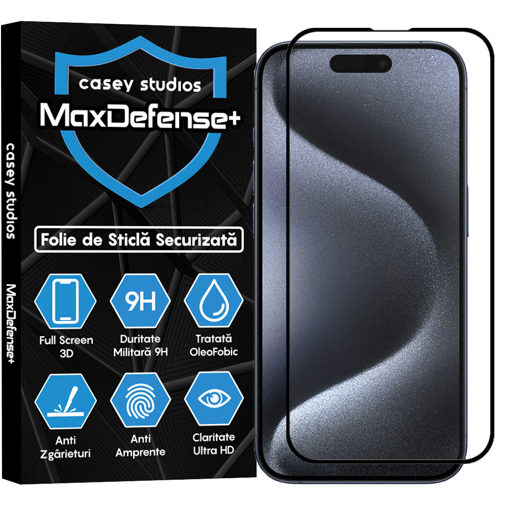 Folie Sticla MaxDefense+ - iPhone 15 Pro - Negru