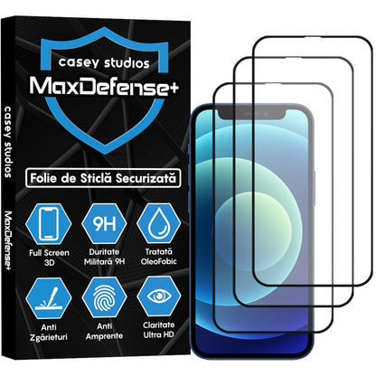 Pachet 3x Folie Sticla MaxDefense+ - iPhone 12 Mini - Negru