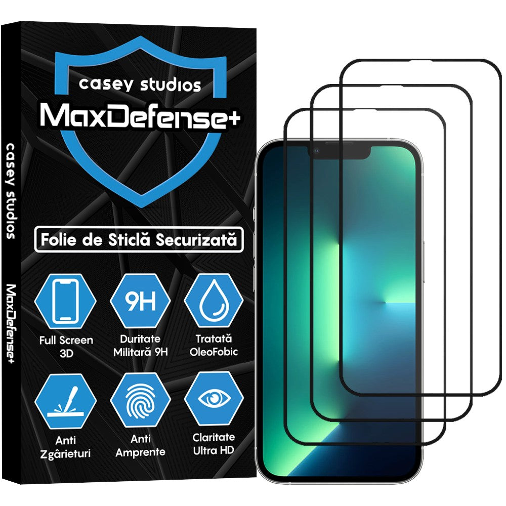 Pachet 3x Folie Sticla MaxDefense+ - iPhone 13/13 Pro - Negru