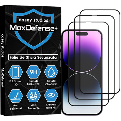 Pachet 3x Folie Sticla MaxDefense+ - iPhone 14 Pro - Negru