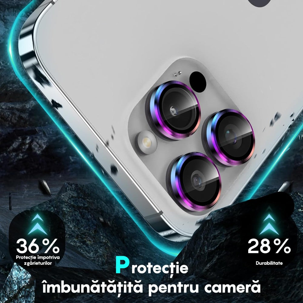 Folie Sticla Lentile Camera MaxDefense+ - iPhone 14/14 Plus - Curcubeu